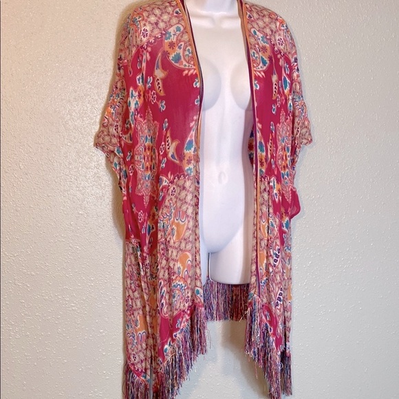 Chico's Blue and Pink Kimono with Fringe Detail - Picture 13 of 14